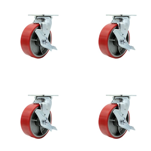 Tool Box Caster Wheel Set 6'' Red Poly on Cast Iron Swivel Casters, 4PK